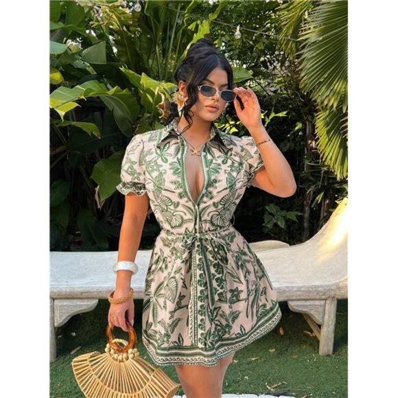 NEW - Boho Single-Breasted Tie-Front Short Sleeve A-Line Dress - Picture 3 of 8